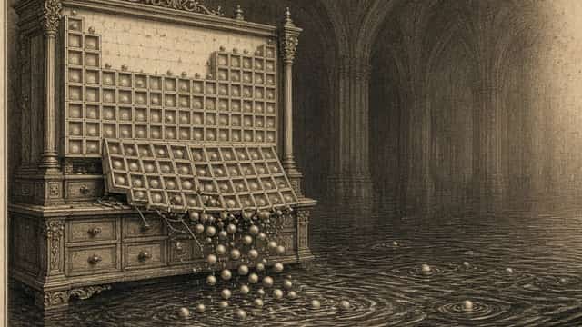 Kupferstich: ein Schrank wie ein Periodensystem, Perlen fallen in einen dunklen See.