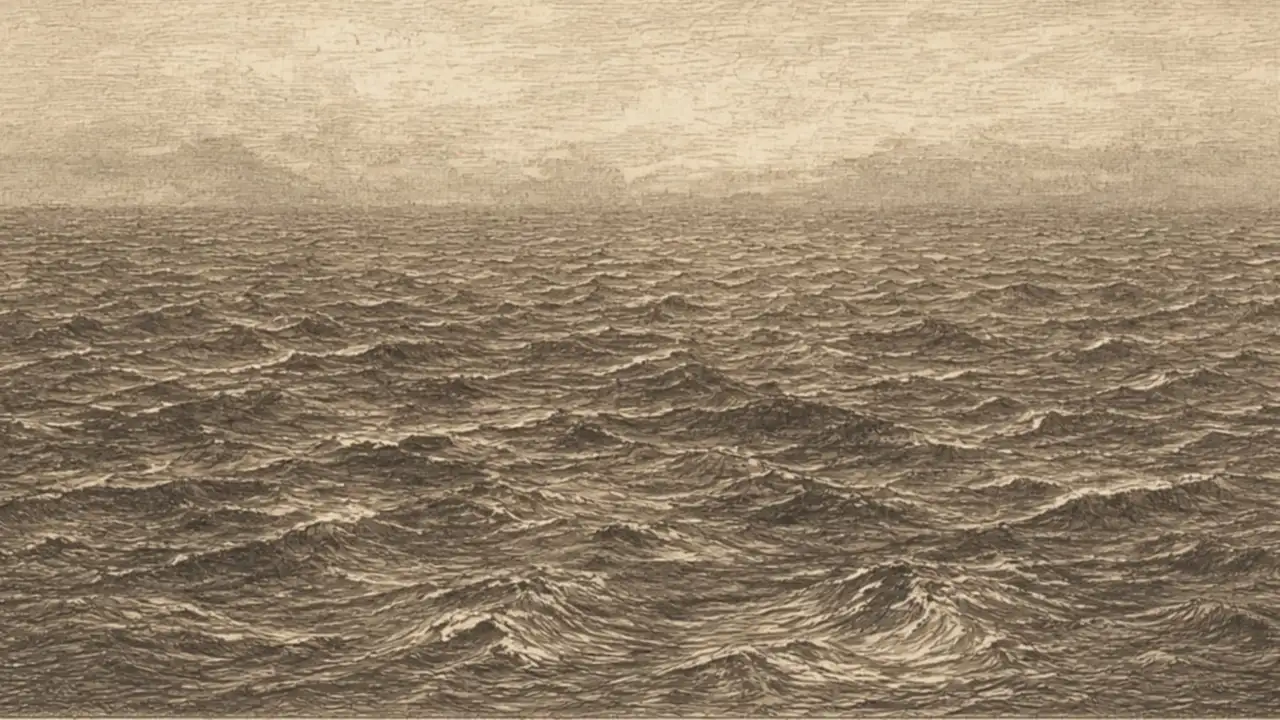 Kupferstich: ein weiter See, viele Wellen, kein Ufer.