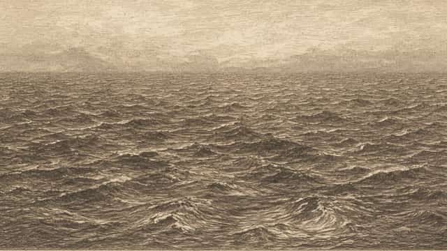 Kupferstich: ein weiter See, viele Wellen, kein Ufer.
