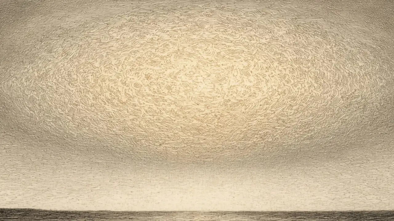 Kupferstich: ein ovaler Himmel aus kalter Glut über einem schmalen Ufer aus Nichts.