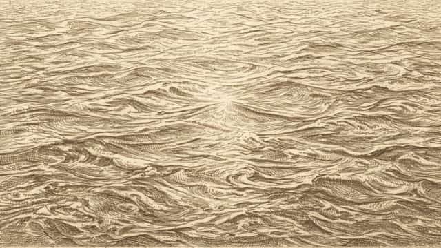 Kupferstich: nur Wasser, viele Wellen, eine Fläche, kein Ufer.